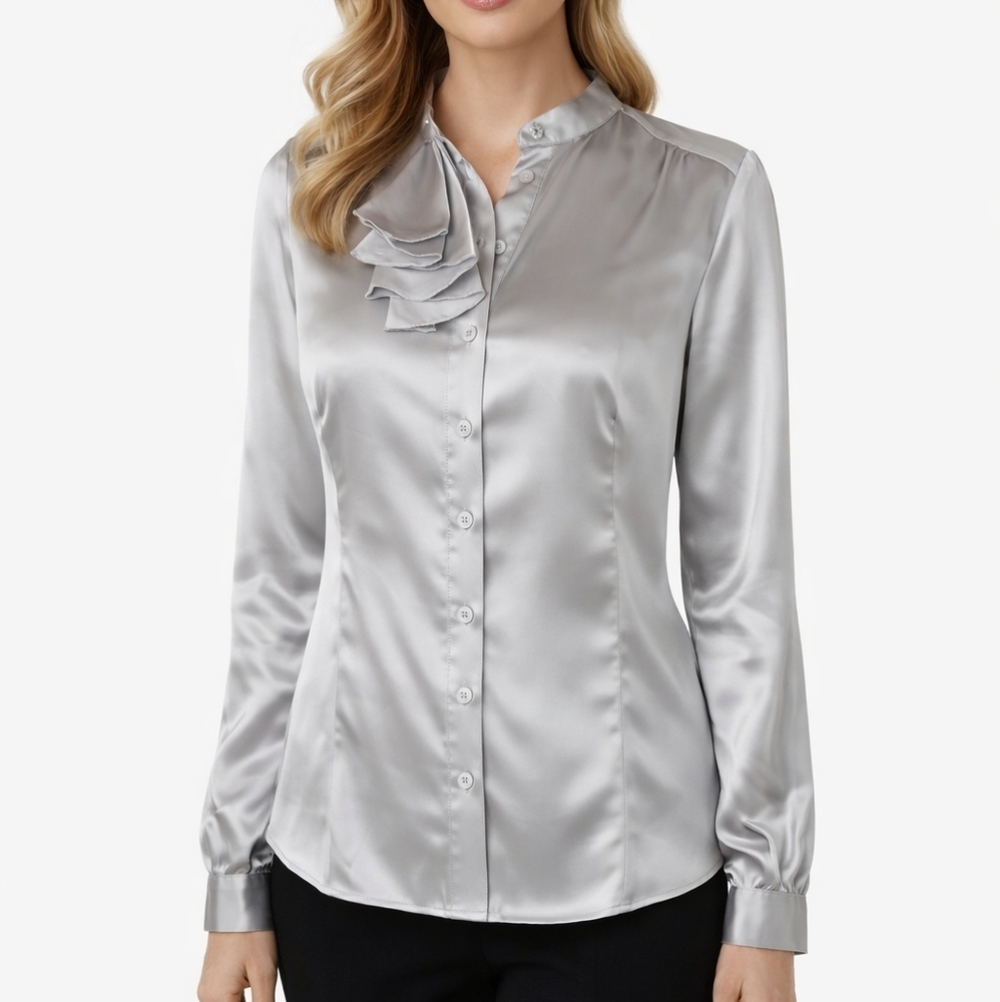 Maxime Elegant Silver Button Front Blouse Large